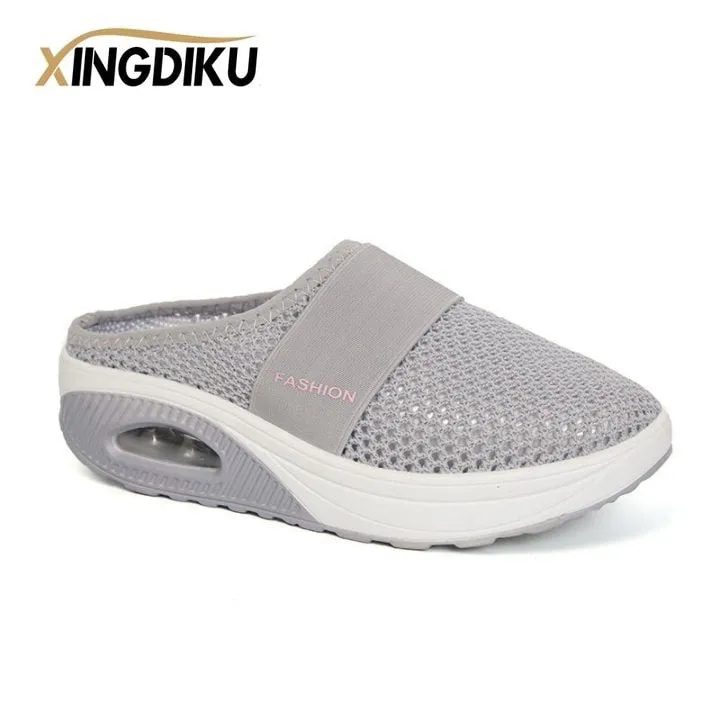 Slippers Diabetic Feet Air Cushion Slip-On Women Walking Shoes Orthopedic Diabetic Ladies Platform Mules Mesh Lightweight Slippers Wedge Female Sneaker