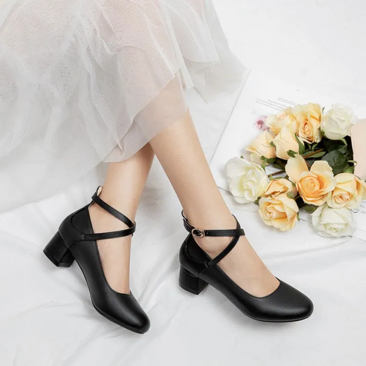 Comfort Plus High Heels Women's Buckle Ankle Strap Pumps Chunky Heels Shoes