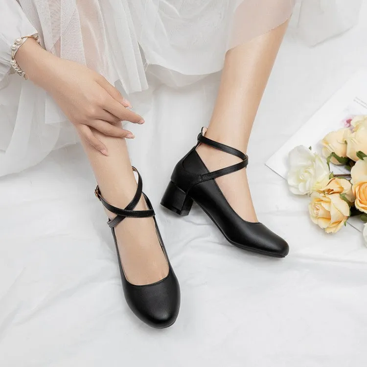 4.5 Inch High Heels Women's Buckle Ankle Strap Pumps Chunky Heels Shoes