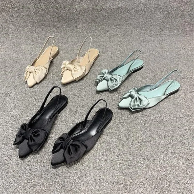 Roxoni Slippers Chicmy Summer Flat Slippers Outdoor Female Beach Slides Silk Bow Pointed Toe Women Sandals Elegant Ladies Shoes Casual Flip Flops