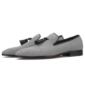 Dexter Loafers OneDrop Handmade Houndstooth Fabric Men Leather Tassel Dress Shoes Party Wedding Prom Loafers