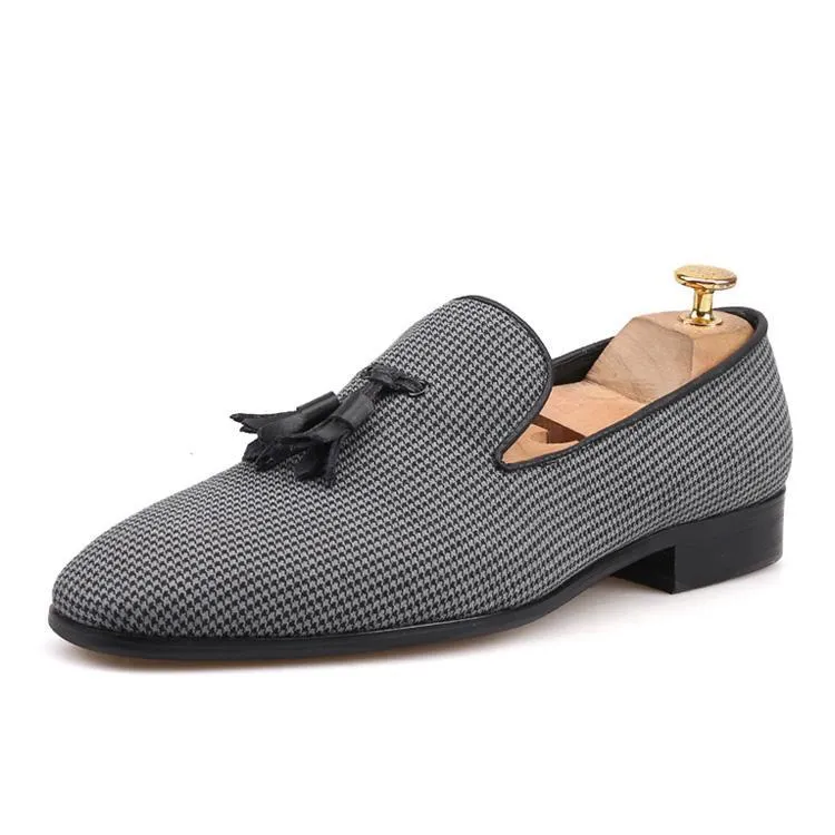 Vibram Loafers OneDrop Handmade Houndstooth Fabric Men Leather Tassel Dress Shoes Party Wedding Prom Loafers