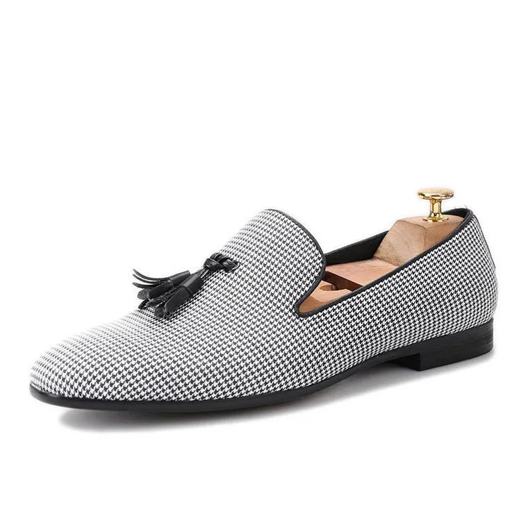 OneDrop Handmade Houndstooth Fabric Men Leather Tassel Dress Shoes Party Wedding Prom Loafers Miumiu Loafers