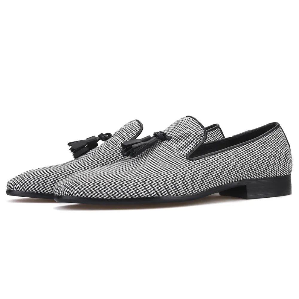 Versace Greca Loafers OneDrop Handmade Houndstooth Fabric Men Leather Tassel Dress Shoes Party Wedding Prom Loafers