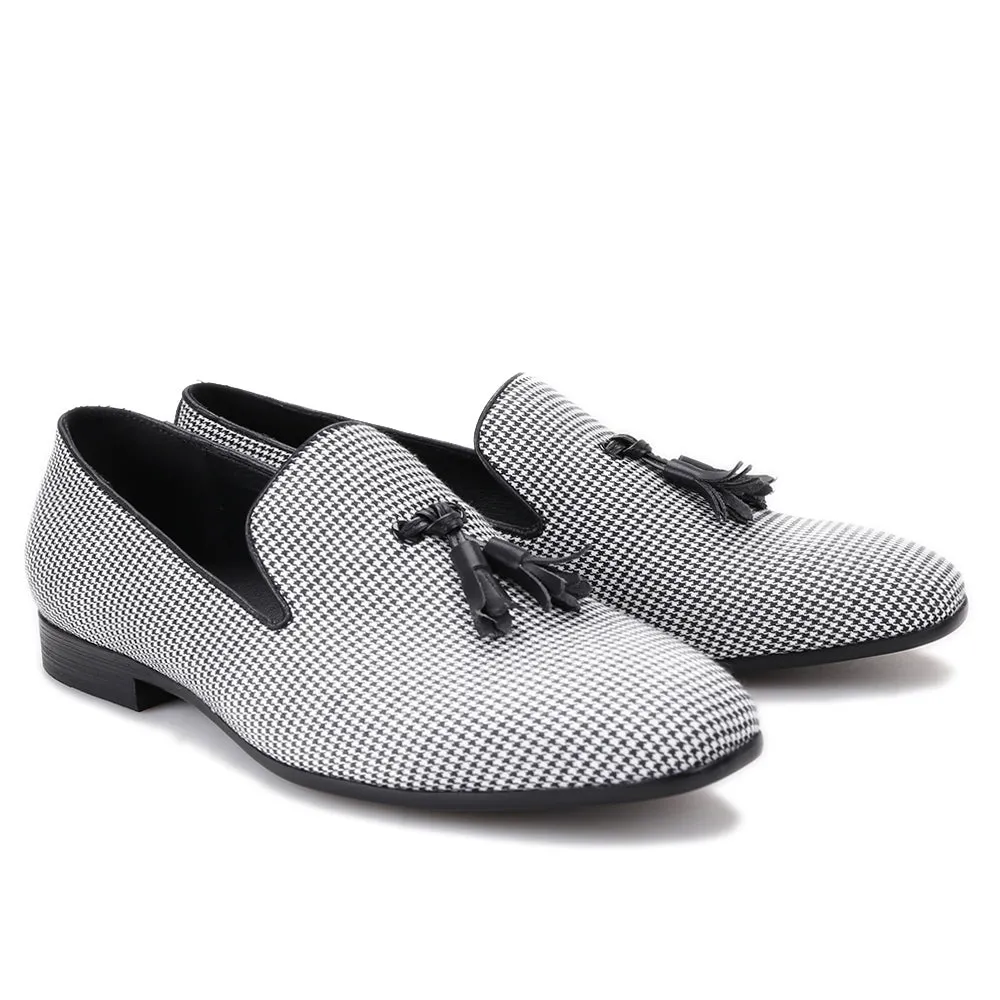 OneDrop Handmade Houndstooth Fabric Men Leather Tassel Dress Shoes Party Wedding Prom Loafers Loafers Leather Dress