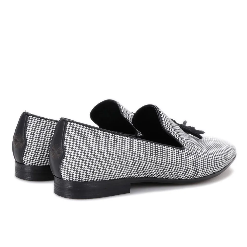 OneDrop Handmade Houndstooth Fabric Men Leather Tassel Dress Shoes Party Wedding Prom Loafers Loafers Station