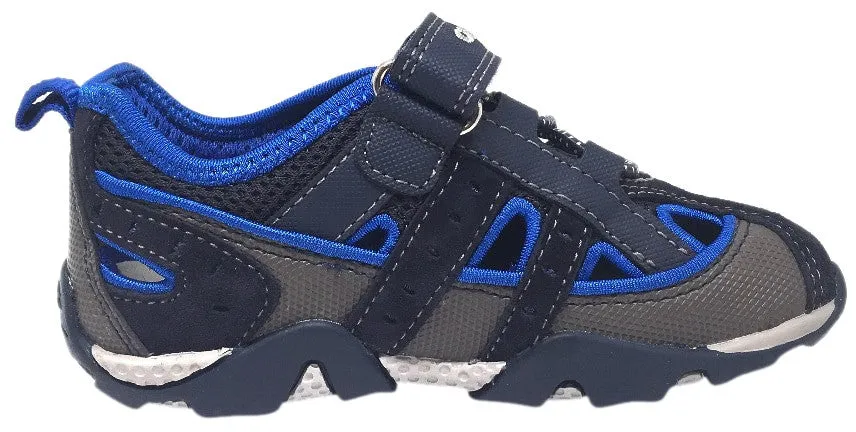 Low Asics Shoes Geox Boy's Aragon Navy & Royal Blue Single Hook and Loop Strap Closed Toe with Bumper and Elastic Lace Sandal