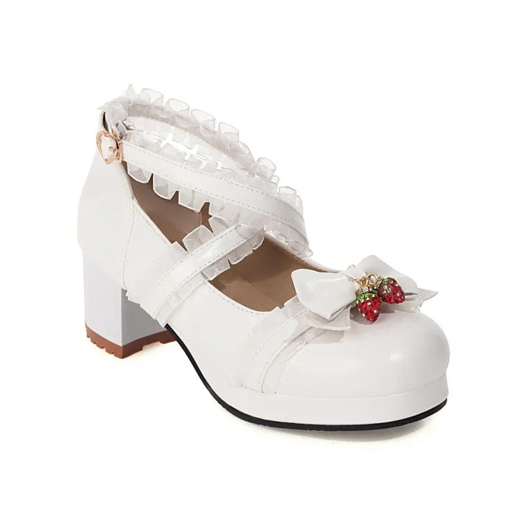 Women's Lace Bowtie Chunky Heel Platform Pumps High Heel Shoes And Matching Bag