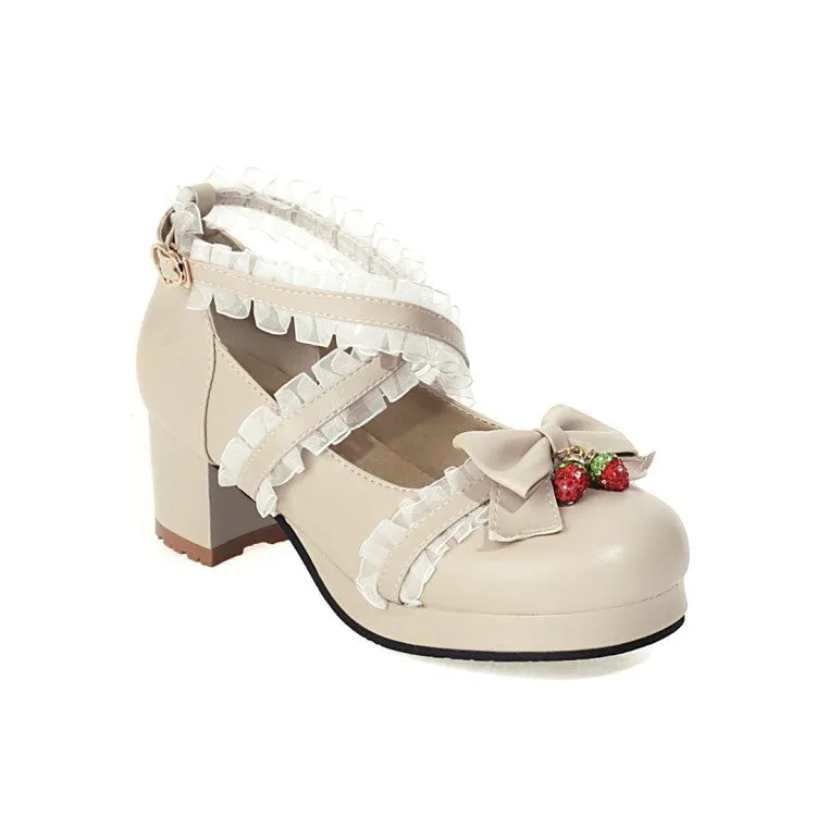 Women's Lace Bowtie Chunky Heel Platform Pumps Designer High Heels