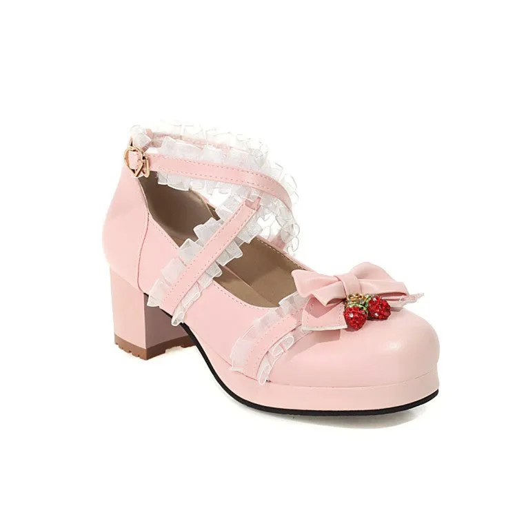 High Heel Shooties Women's Lace Bowtie Chunky Heel Platform Pumps