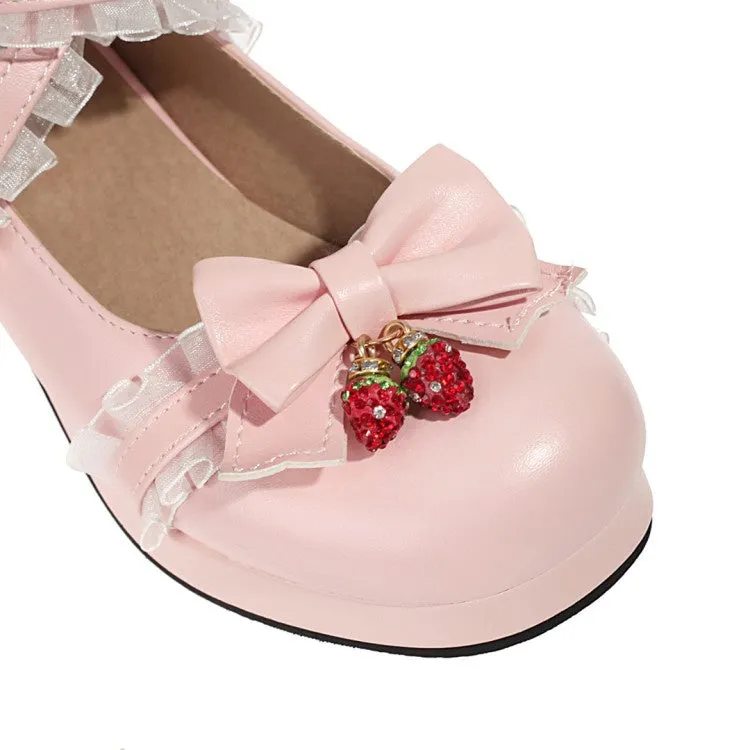 High Heel Biker Boots Women's Lace Bowtie Chunky Heel Platform Pumps