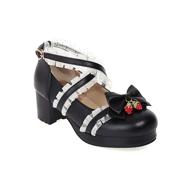 High Heels For Comfort Women's Lace Bowtie Chunky Heel Platform Pumps