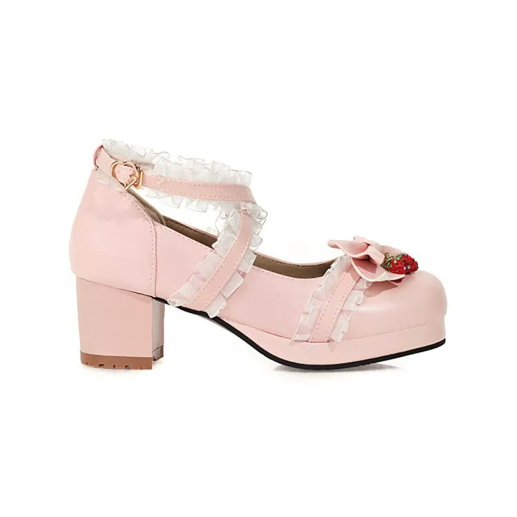 Women's Lace Bowtie Chunky Heel Platform Pumps Heelless High Heel Shoes