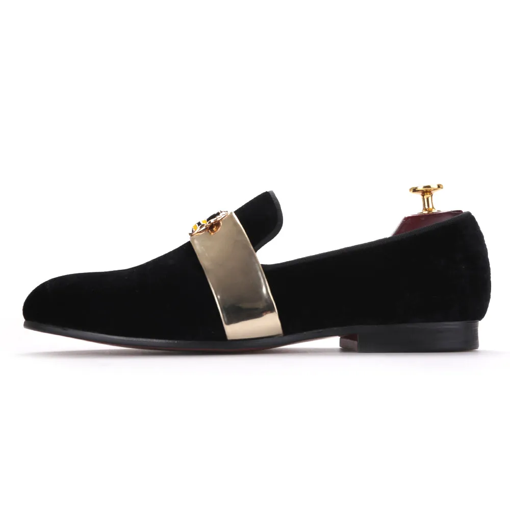 OneDrop Handmade Men Velvet Gold Patent Leather Bee Buckle Wedding Party Prom Loafers Ladies Moccasin Loafers