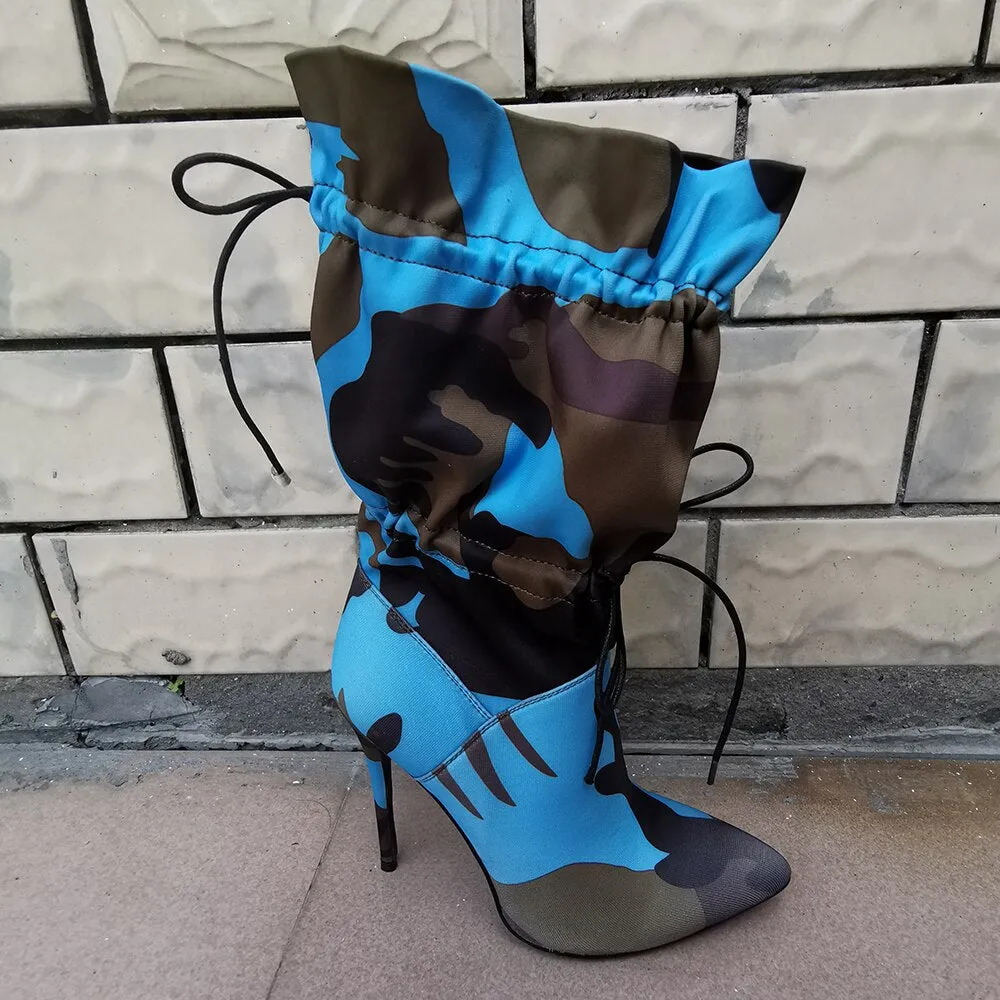 Colored Camoflauge Stiletto Heel Drawstring Women's Ankle Boots Adidas Zumba Shoes