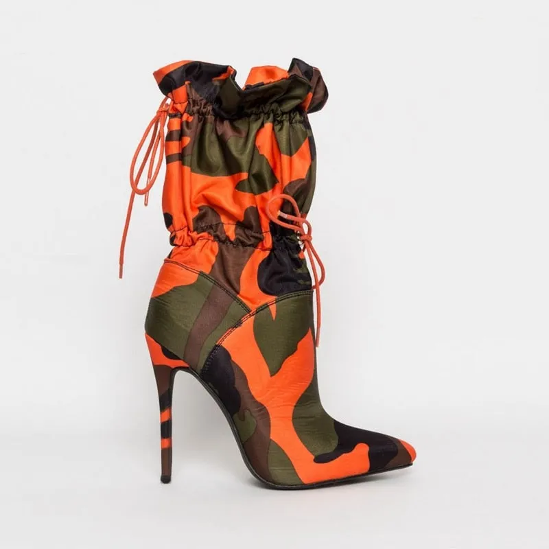 Adidas Ultra Boost Shoe Colored Camoflauge Stiletto Heel Drawstring Women's Ankle Boots