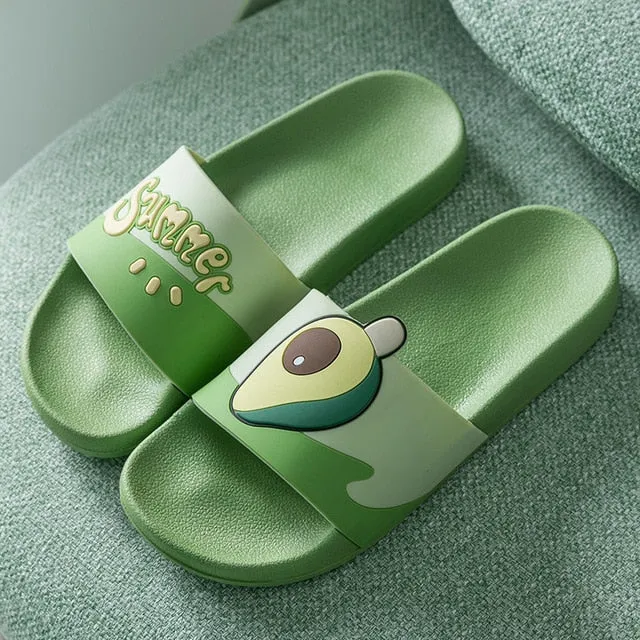 Summer Cartoon Fruit Home Women Slippers PVC Bathroom Non-slip House Slides Male Women Flat Shoes Summer Avocado Slippers Foldable Slippers For Travel