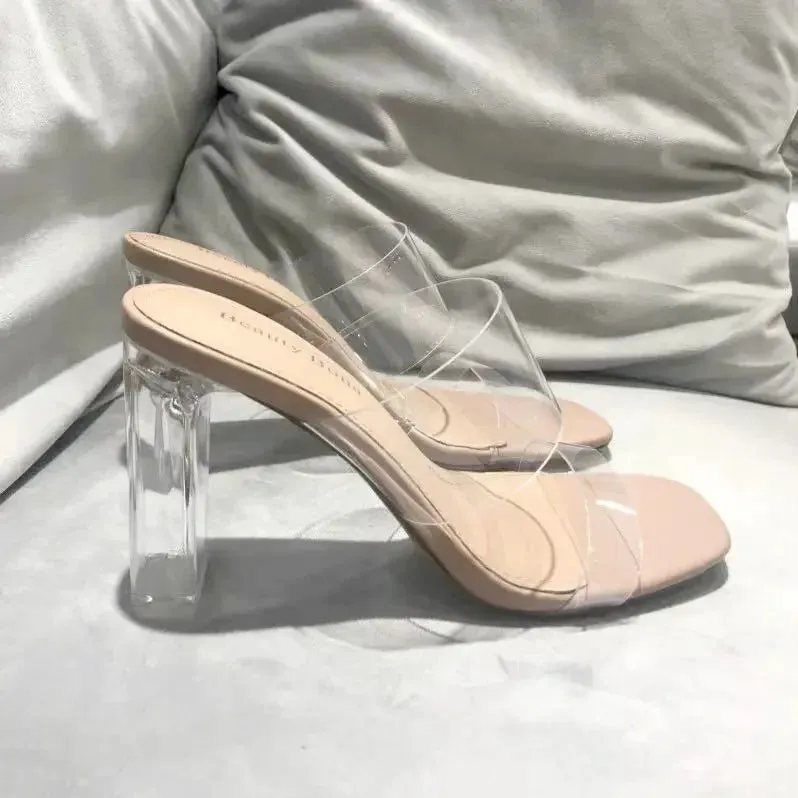 Everfoam Slippers Summer Women Pumps Sandals PVC Jelly Slippers Open Toe High Heels Women Transparent Perspex Slippers Shoes Heel Clear Sandals