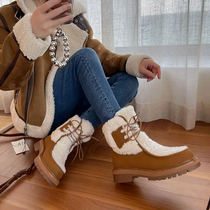Hunter Anne Sport Snow Boots Wenkouban  fashion inspo   NEW Winter Boots Women Split Leather Shoes for Women Round Toe Chunky Heel Women Boots Platform Snow Boots Warm Plush Boots