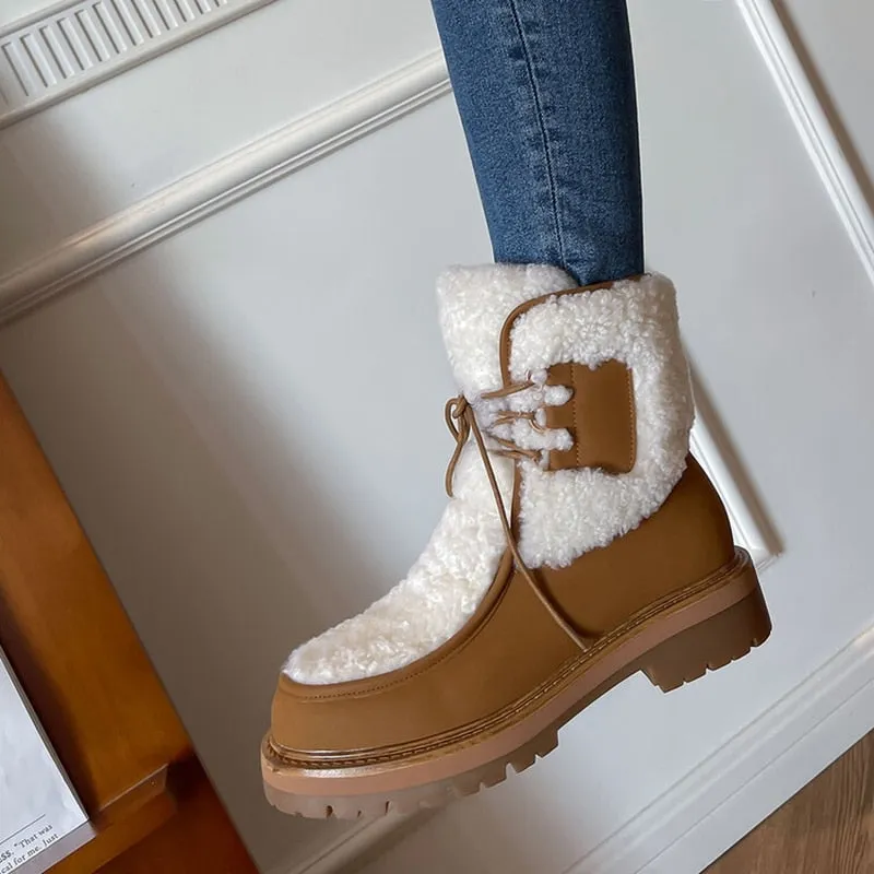 Wenkouban  fashion inspo   NEW Winter Boots Women Split Leather Shoes for Women Round Toe Chunky Heel Women Boots Platform Snow Boots Warm Plush Boots Retractable Spikes Snow Boots