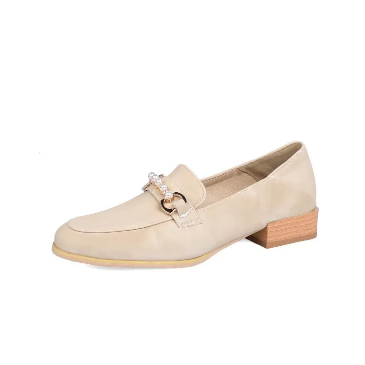 Women's Metal Pearl Low Heel Chunky Pumps Roller High Heels