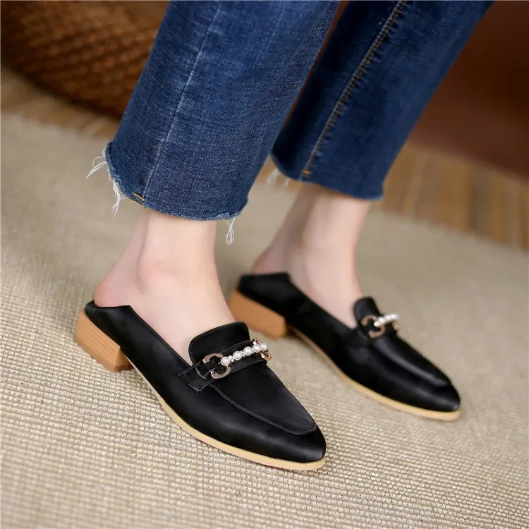 Women's Metal Pearl Low Heel Chunky Pumps High Heeled Pornstars