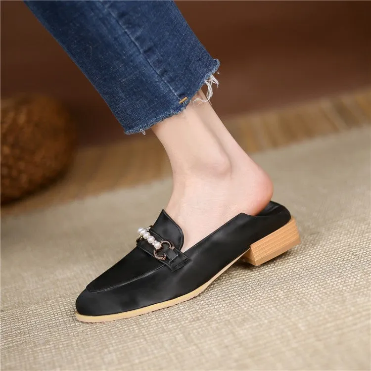 High Heel Shoes Women's Metal Pearl Low Heel Chunky Pumps