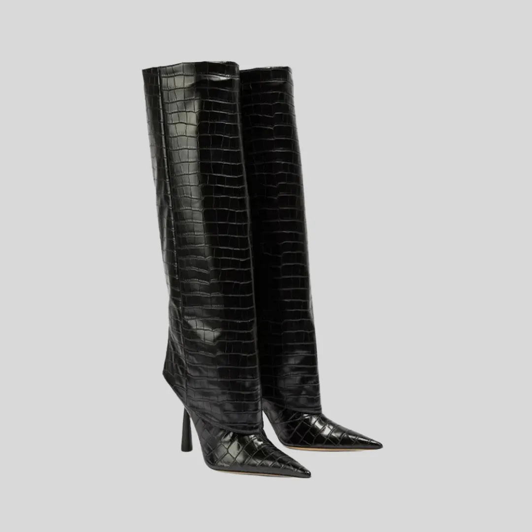 Knee-High Alligator Skin Pattern Pointed Boots - Black Alphabounce Adidas Running Shoes