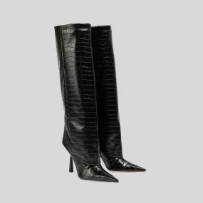 Galaxy 7 Adidas Shoes Knee-High Alligator Skin Pattern Pointed Boots - Black