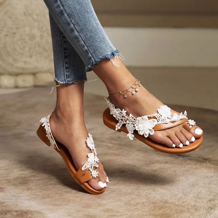 Tb Flat Shoes Women's Flip Flops Lace Flora Hollow Out Flat Sandals