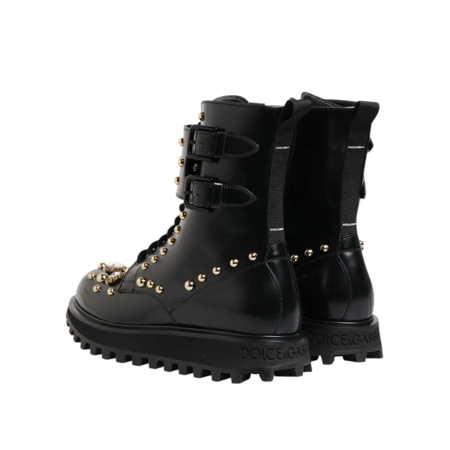 Dolce & Gabbana Black Studded Lace Up Mid Calf Boots Shoes Most Popular Adidas Shoes 2024