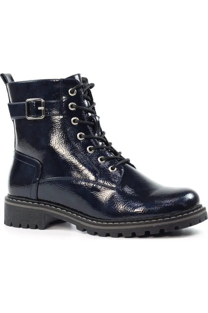 Lunar Parlour Navy Patent Ankle Boot GLW030 Snow Storm Moisture   Wicking