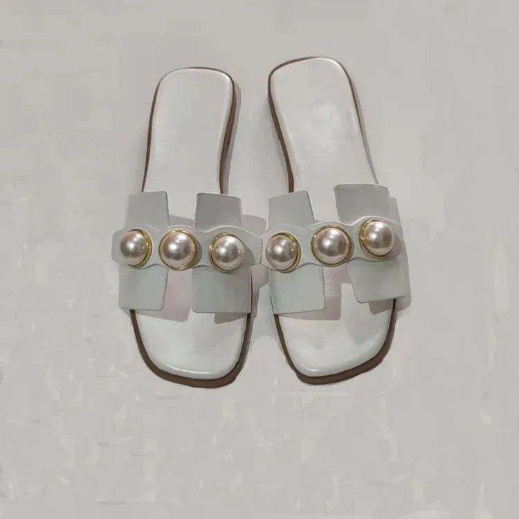 [The Eden Pearl Slide] | Elegant Flat Slippers with Oversized Pearls | Lightweight Beach to Brunch Sandals by TGC  Trust God Claudia Usa Made Slippers