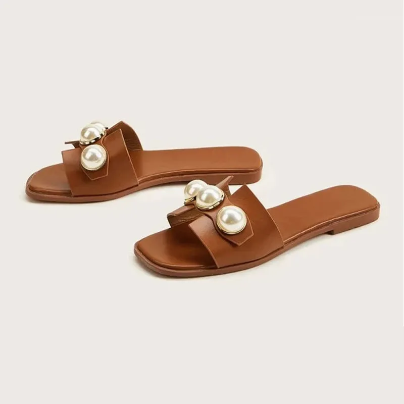 [The Eden Pearl Slide] | Elegant Flat Slippers with Oversized Pearls | Lightweight Beach to Brunch Sandals by TGC  Trust God Claudia Penguin Slippers