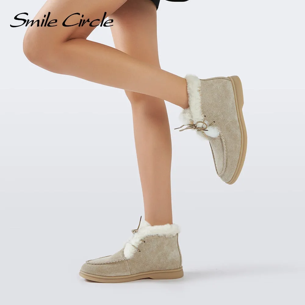 Original Smile Circle Women Snow Boots Natural fur Genuine Leather Ankle Boots Winter Comfortable Flat Wool Boots Women Shoes Bearpaw Emery Snow Boot