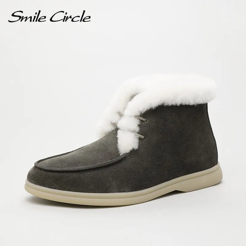 Snow Boots Thermal Original Smile Circle Women Snow Boots Natural fur Genuine Leather Ankle Boots Winter Comfortable Flat Wool Boots Women Shoes