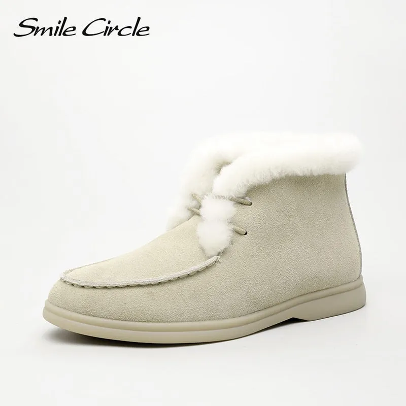 Original Smile Circle Women Snow Boots Natural fur Genuine Leather Ankle Boots Winter Comfortable Flat Wool Boots Women Shoes Streetwear Snow Boots