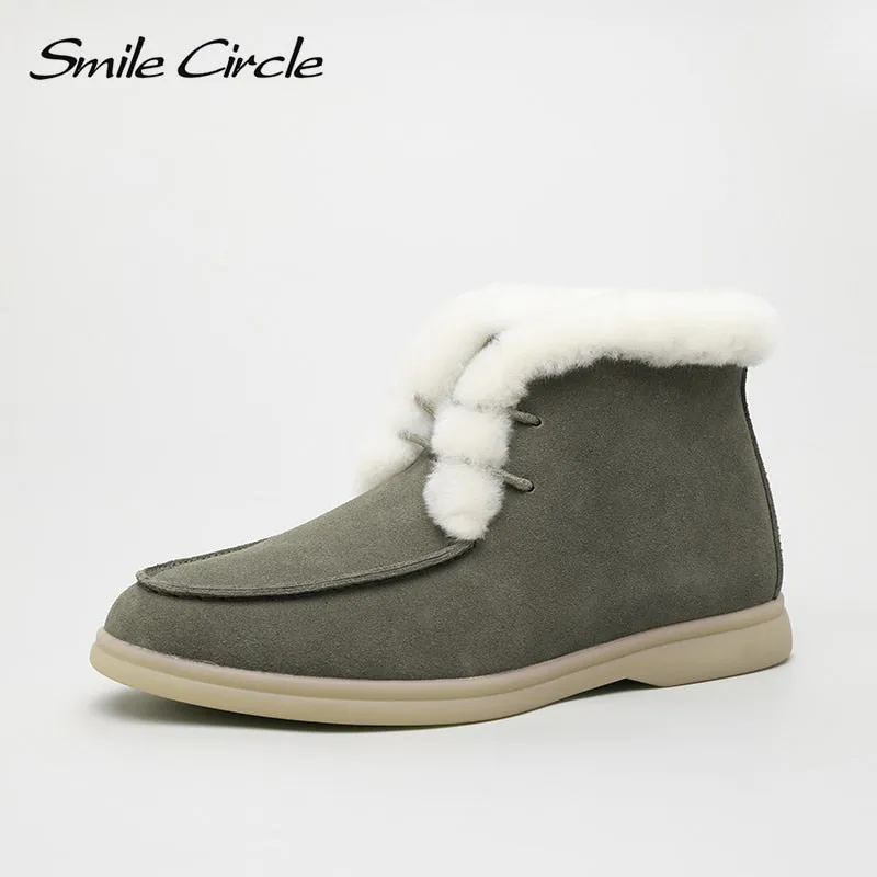 Original Smile Circle Women Snow Boots Natural fur Genuine Leather Ankle Boots Winter Comfortable Flat Wool Boots Women Shoes Coldpack Thermo Tall Zip Waterproof Snow Boot