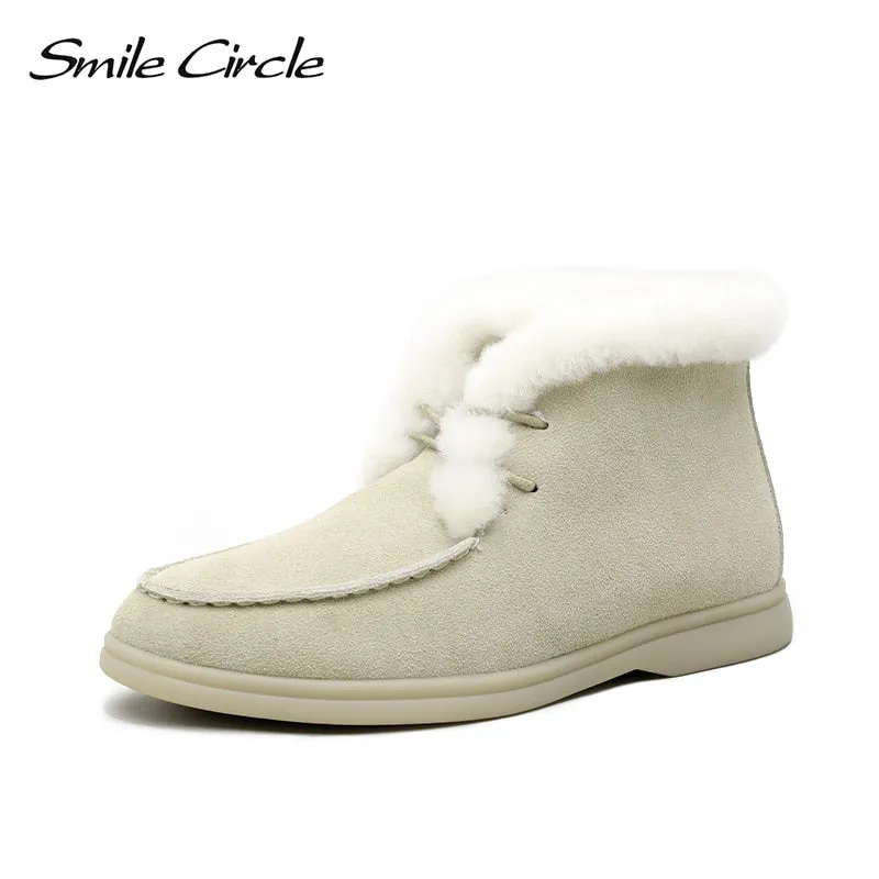Original Smile Circle Women Snow Boots Natural fur Genuine Leather Ankle Boots Winter Comfortable Flat Wool Boots Women Shoes Zippered Snow Boots