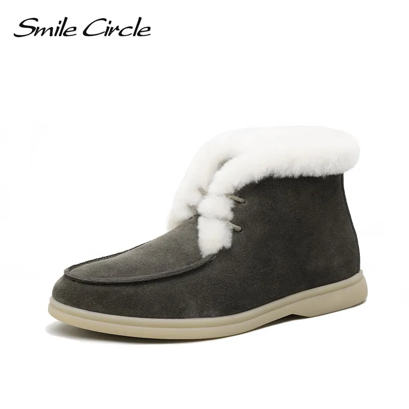 Snow Boots High Knee Original Smile Circle Women Snow Boots Natural fur Genuine Leather Ankle Boots Winter Comfortable Flat Wool Boots Women Shoes