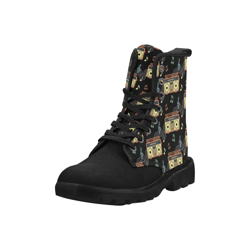 Flat Bottom Work Boots Women's Casual Retro Radio Print Canvas Boots