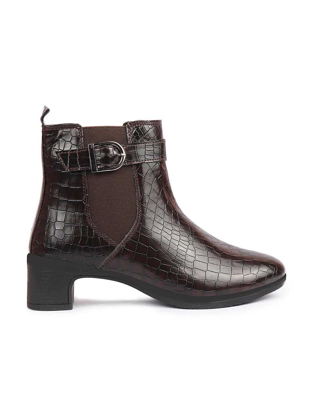 Women Brown Flared Heel High Ankle Leopard Print Embossed Design Winter Buckle Strap Chelsea Boots Best Work Boots For Electricians Reddit