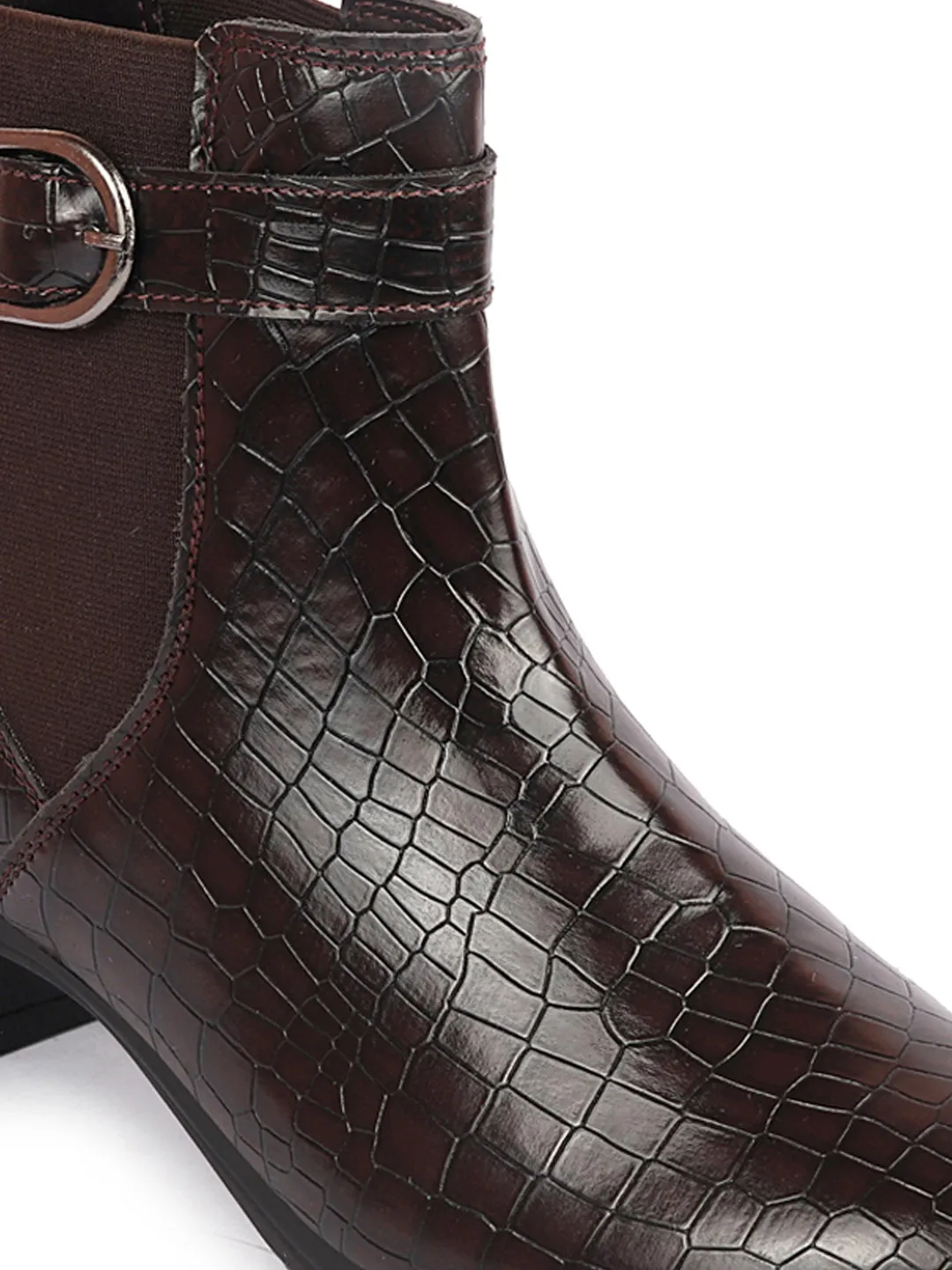 Women Brown Flared Heel High Ankle Leopard Print Embossed Design Winter Buckle Strap Chelsea Boots Best Work Boots For Gout