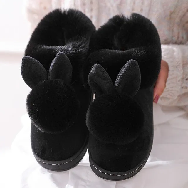 Usa Made Slippers Women Memory Foam Slipper Rabbit Ear Double Fur Ball Indoor Cotton Slippers for Girls