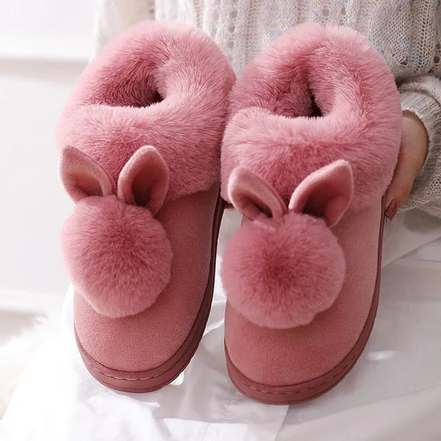 Women Memory Foam Slipper Rabbit Ear Double Fur Ball Indoor Cotton Slippers for Girls Novelty Slippers