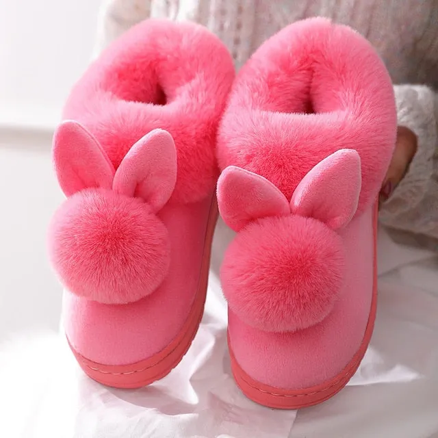 Women Memory Foam Slipper Rabbit Ear Double Fur Ball Indoor Cotton Slippers for Girls Gnome Slippers