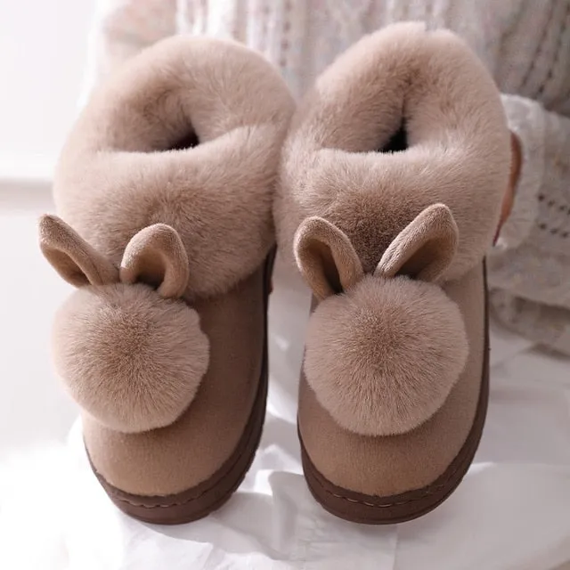 Slippers Winter Women Memory Foam Slipper Rabbit Ear Double Fur Ball Indoor Cotton Slippers for Girls
