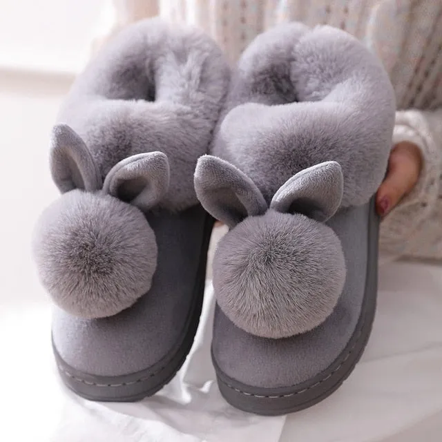 Women Memory Foam Slipper Rabbit Ear Double Fur Ball Indoor Cotton Slippers for Girls Terrifier Slippers