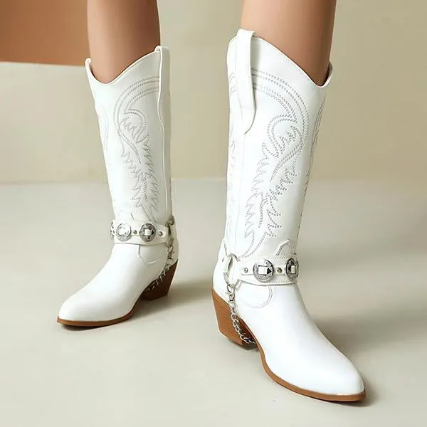 Women's Fashion Metal Buckle Chunky Heel Cowboy Boots 00949097S Adidas Shoes 2017