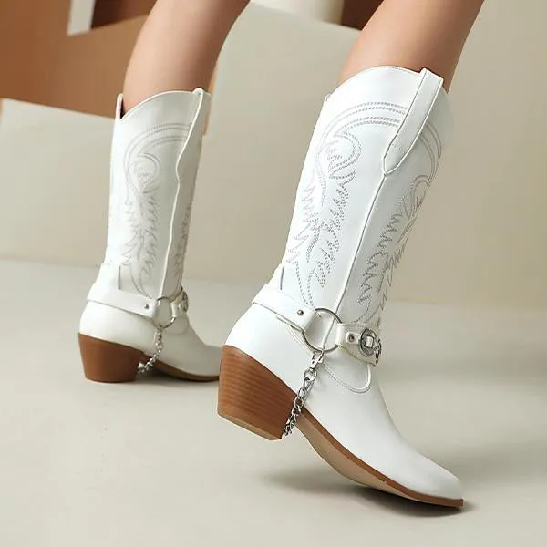 Adidas Football Shoes Women's Fashion Metal Buckle Chunky Heel Cowboy Boots 00949097S